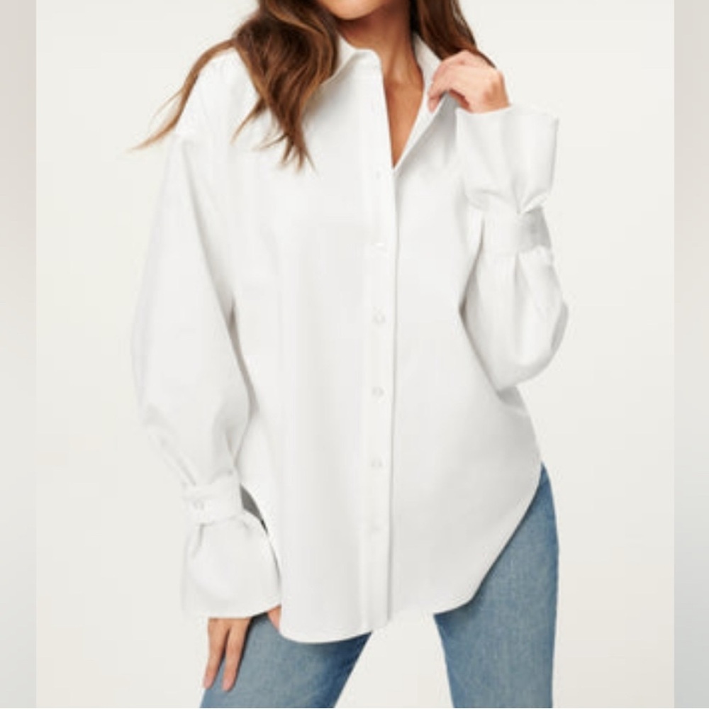 Good American White Oversized Tabbed Poplin  Button Down Shirt